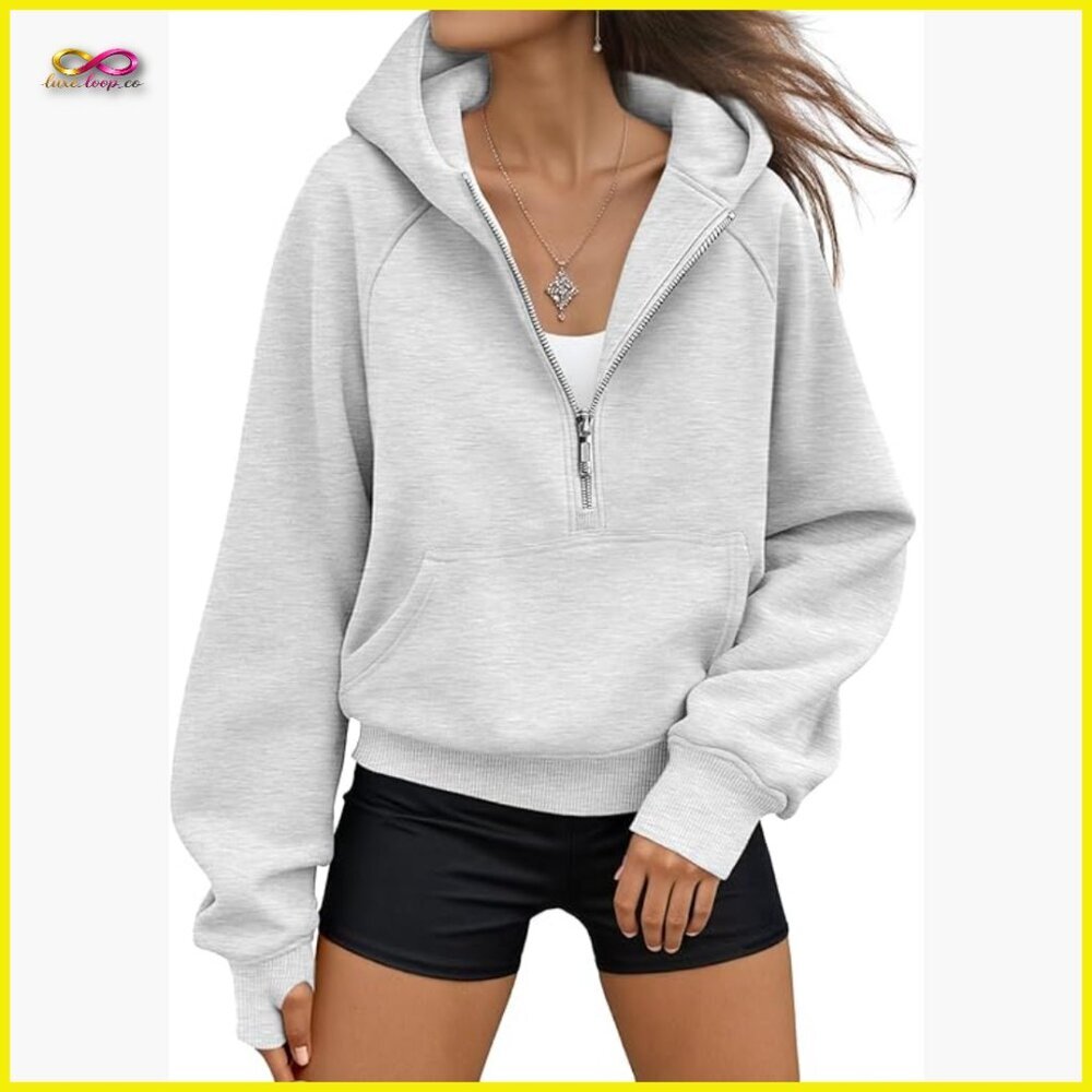 Oversized Fleece Hoodie Y2K Cropped Half Zip Workout Sweatshirt Chic Casual